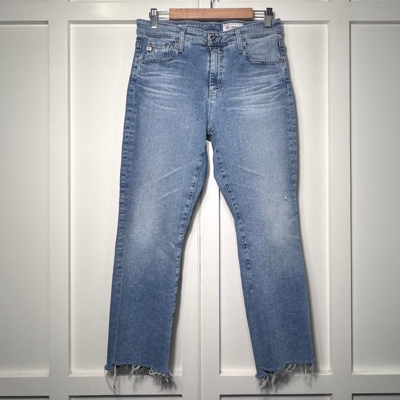 Ag Adriano Goldschmied Denim - AG Adriano Goldschmied Farrah Boot Crop High Rise Jeans Light Wash Raw Hem 32